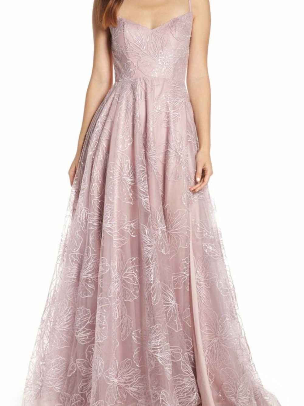 La Femme Spaghetti Strap Embroidered Floral Ball Gown Dress - Dusty Rose / Mauve